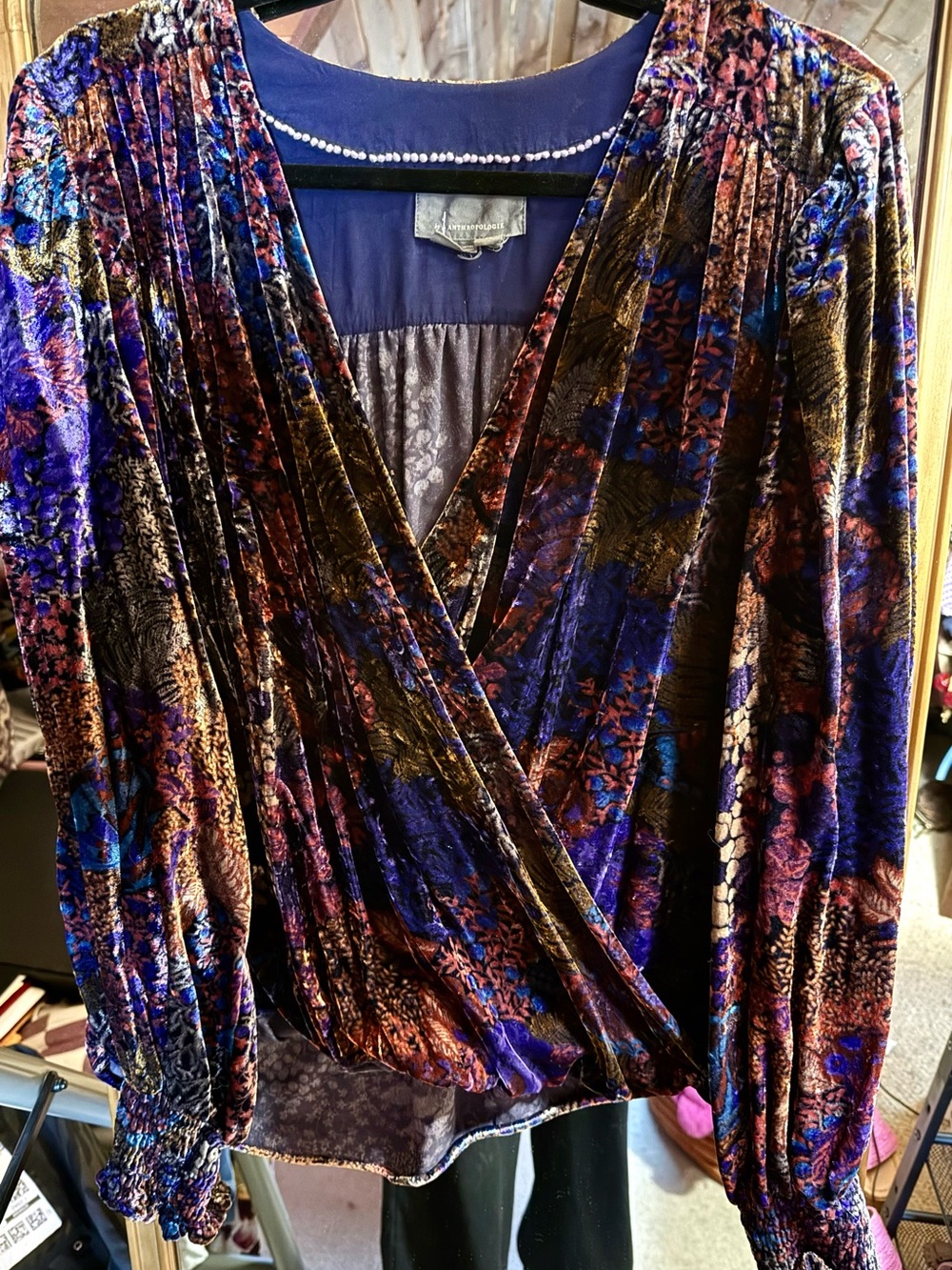 Anthropologie Multicolor Velvet Wrap Blouse in Blue, Purple, Brown